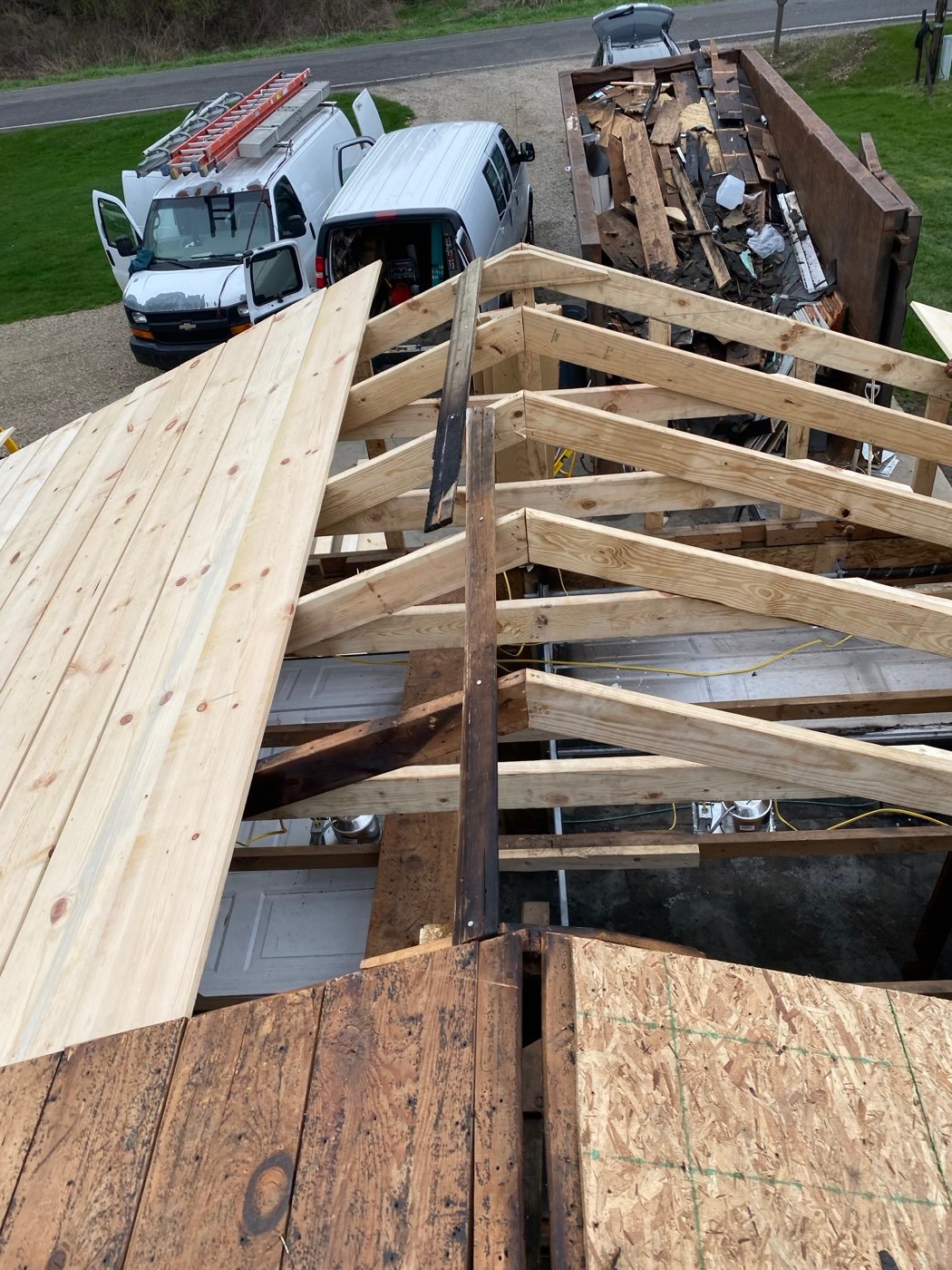New roof framing on a garage rebuild
